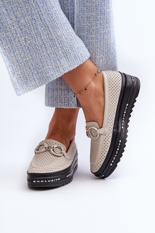 Жіночі шкіряні мокасини на платформі з декором S.Barski LR750 Бежеві