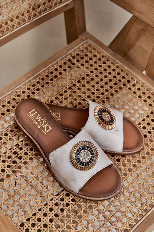 Шкіряні Сандалі З Декором На Плоскому Каблуці Золото Патинований Lewski 3047/O