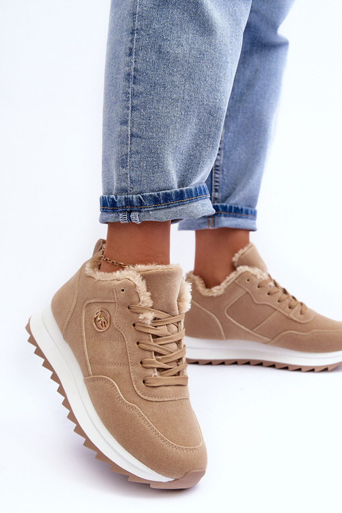 Шкіряне спортивне взуття на платформі з утеплювачем темно-бежевого кольору Adite