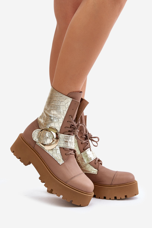 Бежеві шкіряні робочі черевики Zazoo 2942 із золотою пряжкою