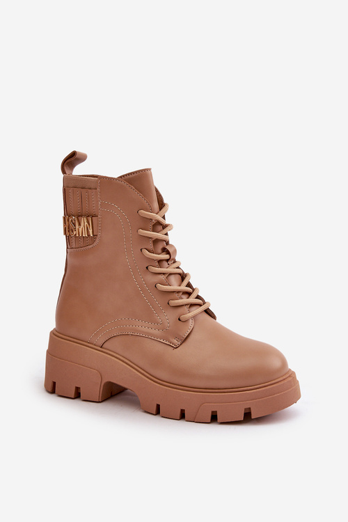 Жіночі ботильйони на блискавці зі шнурівкою з еко шкіри бежевого кольору Naolani