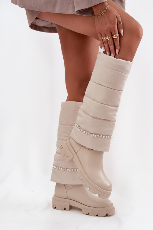 Жіночі утеплені чоботи з перлами світло-бежеві Irvette