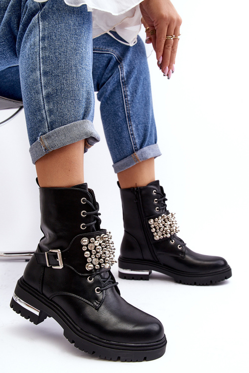 Жіночі утеплені робочі черевики з декором чорного ленна