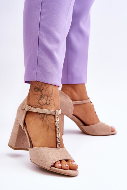 Замшеві босоніжки на високих підборах з кубічним цирконієм бежеві Aniya