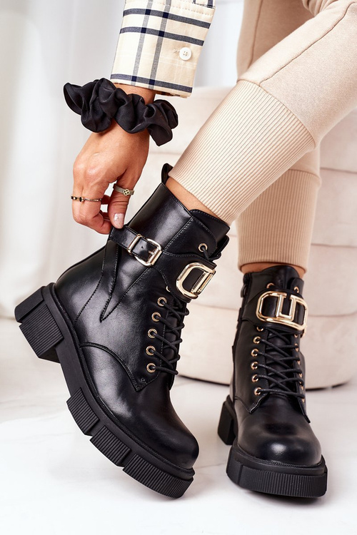 Утеплені черевики із золотою пряжкою Чорні Maybelle