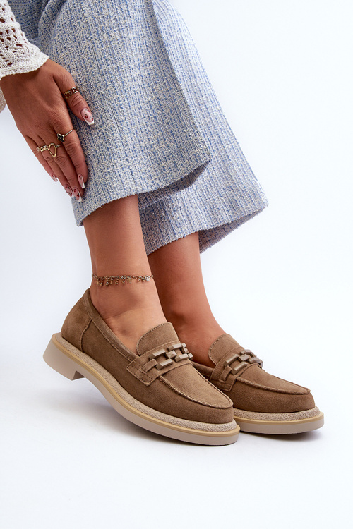 Жіночі замшеві лофери на плоскій каблуці з декором D&A TW101 Коричневий