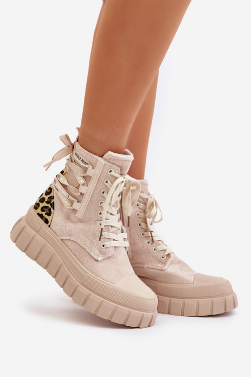 Жіночі ботильйони на платформі з декоративною шнурівкою леопардові світло-бежеві Edidda