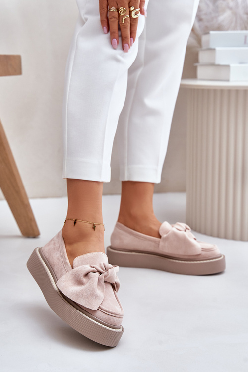 Жіночі мокасини на платформі з пудровим бантом рожевого кольору