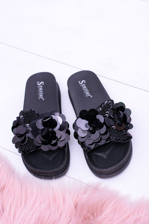 Жіночі чорні шльопанці з квітковим візерунком Muah