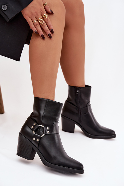 Теплі жіночі черевики на каблуці з декоративним елементом чорні Jurelle