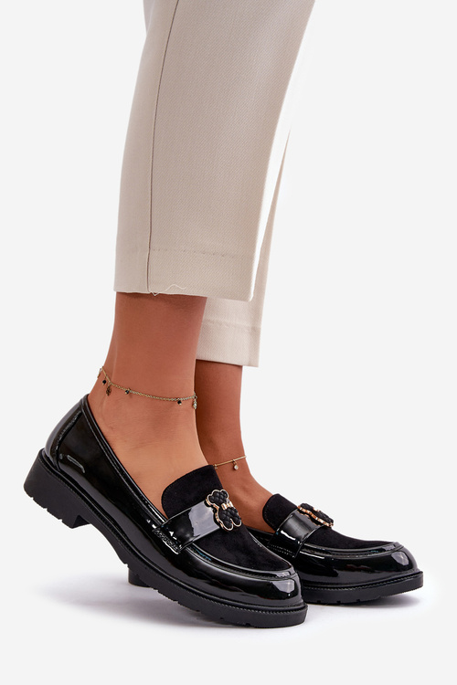 Лаковані жіночі мокасини з ведмедиком чорні S.Barski HY42-339A