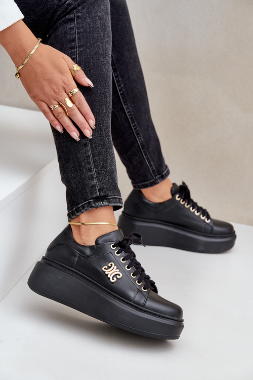 Кросівки З Природної Шкіри На Платформі Золота Декорація Левський 3428 Чорні