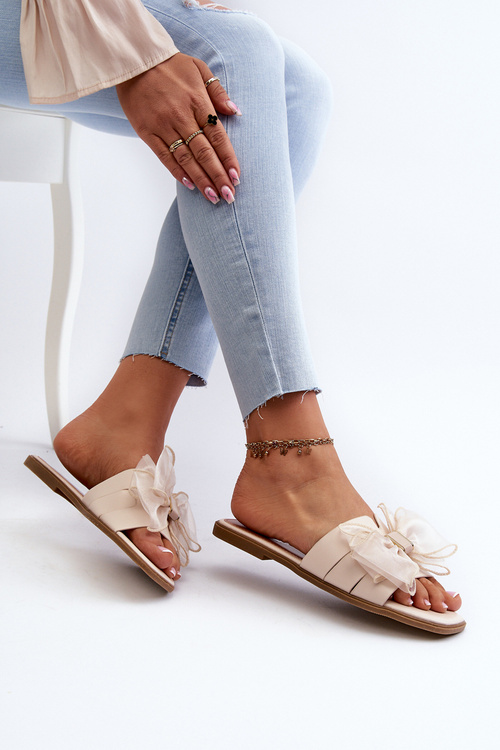 Жіночі тапочки на плоскій підошві з бантом Бежеві Балінда