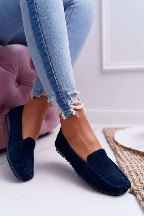 Жіночі замшеві шкіряні мокасини темно-сині Tenzion