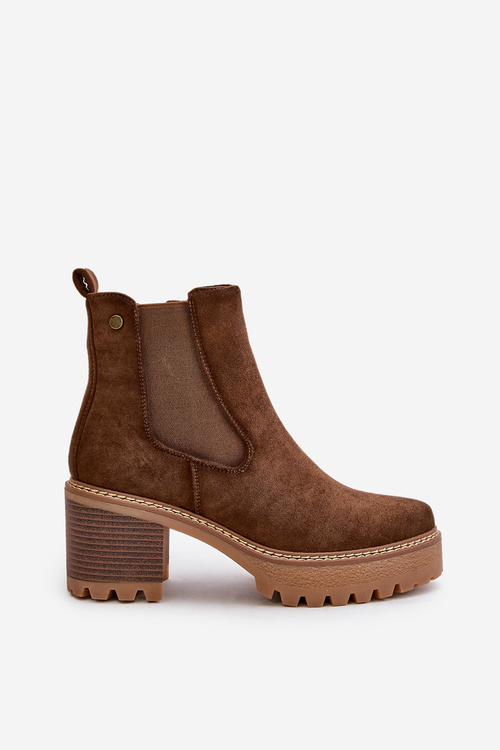 Жіночі утеплені чоботи на підборах з еко-замші коричневого кольору Irissinae