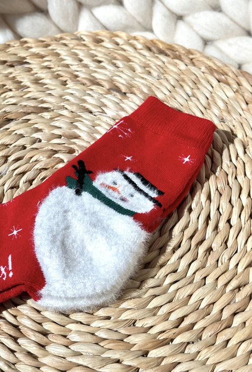 Дитячі новорічні бавовняні шкарпетки зі сніговиком червоні