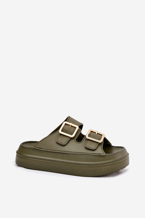 Жіночі сандалі на платформі з золотими пряжками зелені Zorila