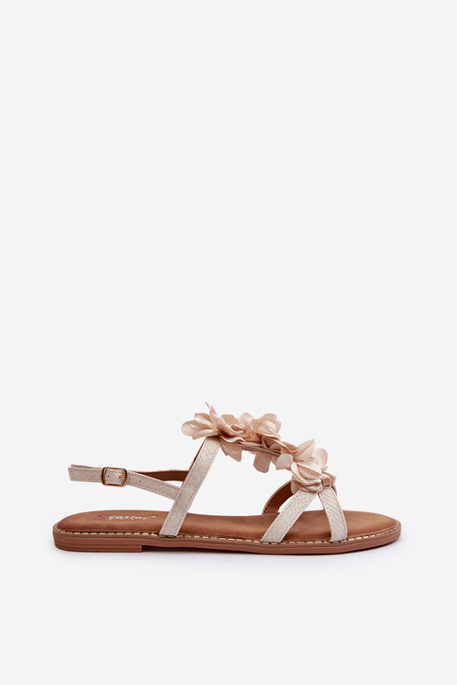 Жіночі босоніжки на плоскій підошві, прикрашені квітами, бежеві Abidina