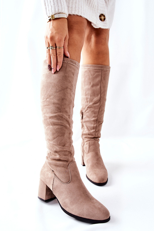 Жіночі високі чоботи на підборах бежеві Newferry