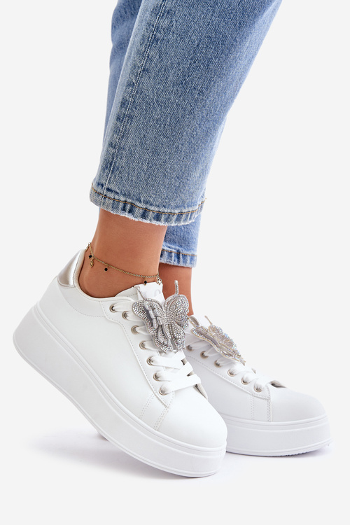 Жіночі кросівки на платформі з метеликом біло-сріблясті наритіві