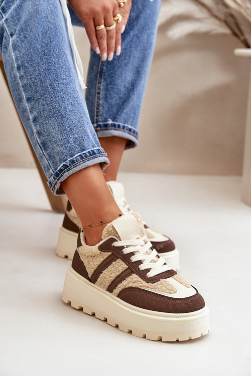 Теплі жіночі кросівки на платформі з хутром коричневого кольору Daivlene