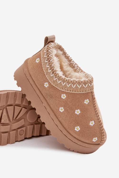 Дитячі зимові чоботи з квітами оббиті хутром бежеві Palina