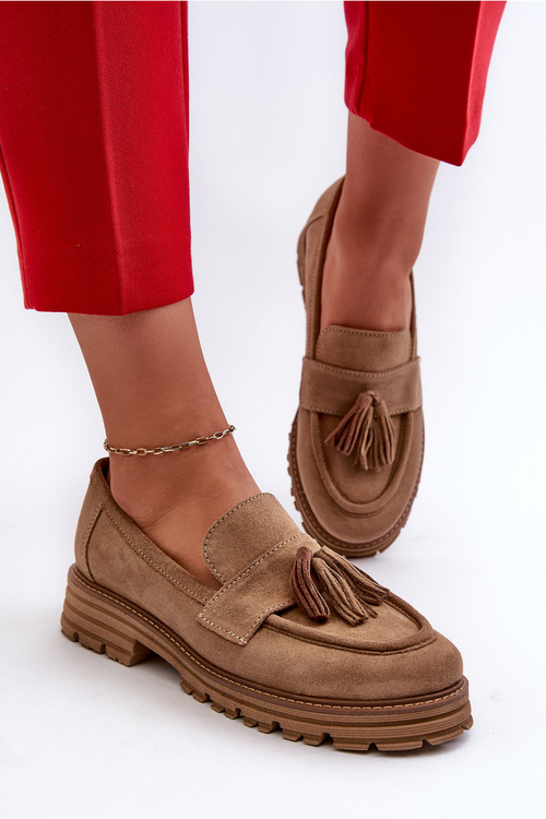 Бежеві замшеві жіночі лофери з бахромою Zazoo 3469