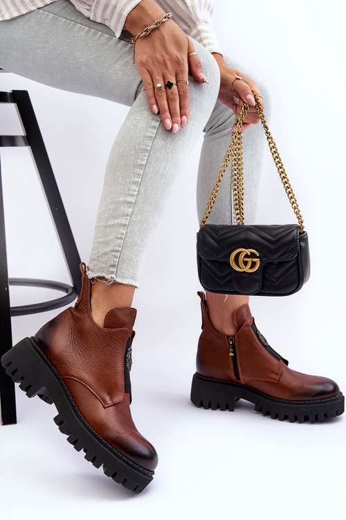 Жіночі шкіряні чоботи з орнаментом коричневі Lusanna