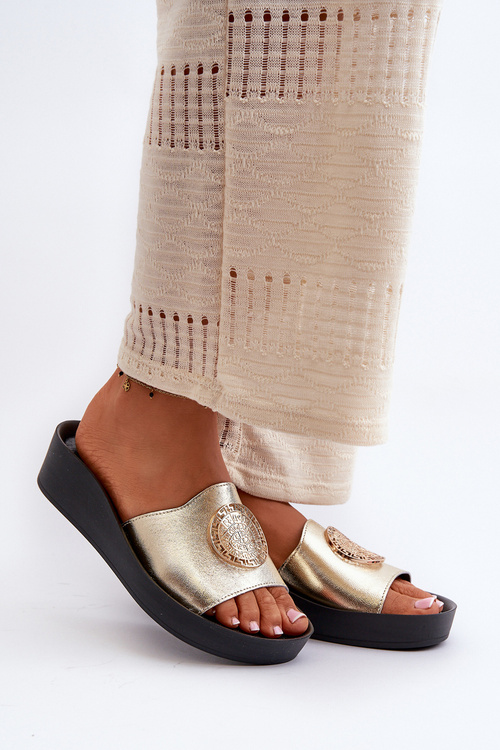 Шкіряні жіночі босоніжки на танкетці Zazoo 2920 із золотими деталями