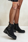 Жіночі утеплені ботильйони на каблуці та золотистих деталях із еко-замші, чорного кольору
