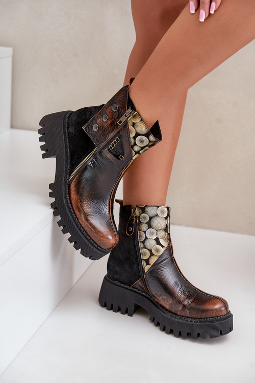 Шкіряні утеплені ботильйони на платформі та підборах Maciejka 06140-25 золото-чорні