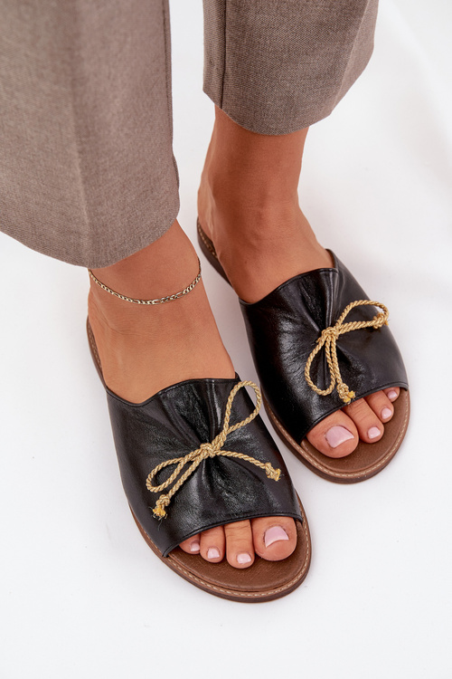 Шкіряні Плоскі Елегантні Сандалі З Бантиком Lewski 3572 Чорні