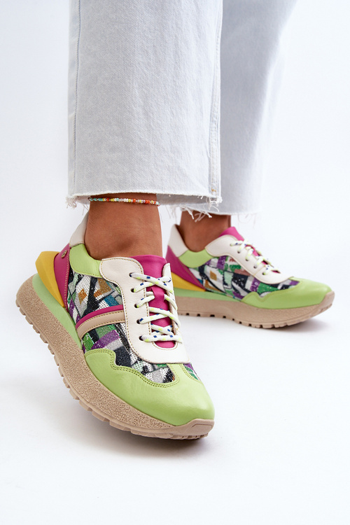 Жіночі шкіряні кросівки на платформі Maciejka 06322-09 Зелено-рожеві