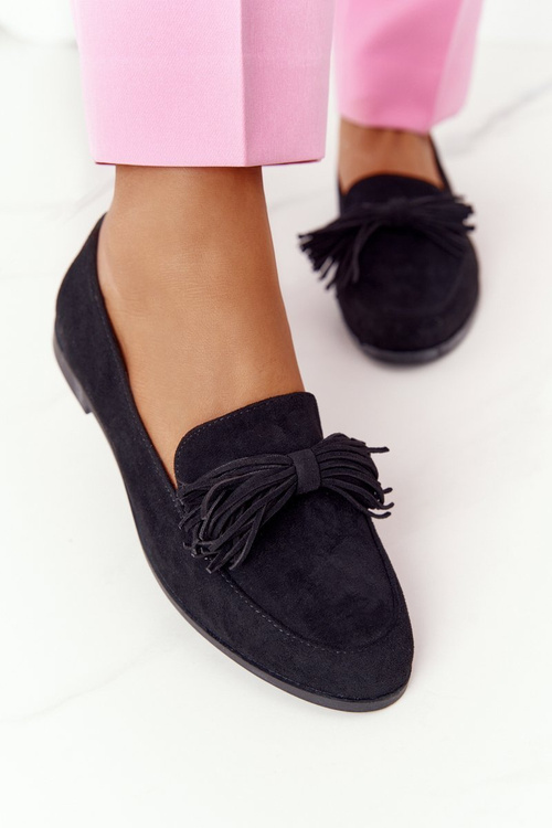 Замшеві жіночі лофери з бахромою Чорні Alicante