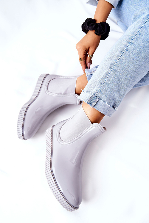 Блискучі гумові чоботи калоші на платформі сірий водоспад