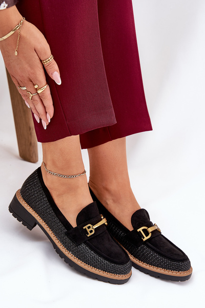 Жіночі Мокасини З Плетінням І Золотим Деталем Чорні Seffolia