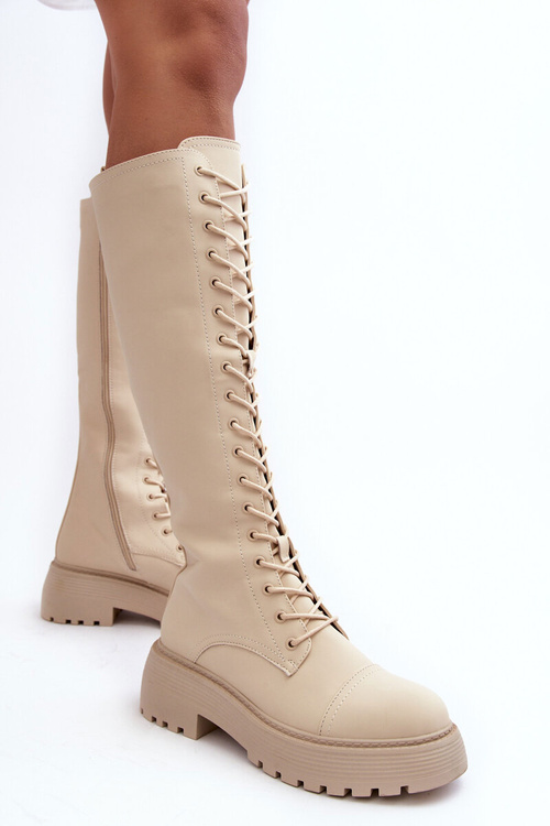 Жіночі утеплені чоботи на шнурівці Glany вище коліна, бежевого кольору Bergdis