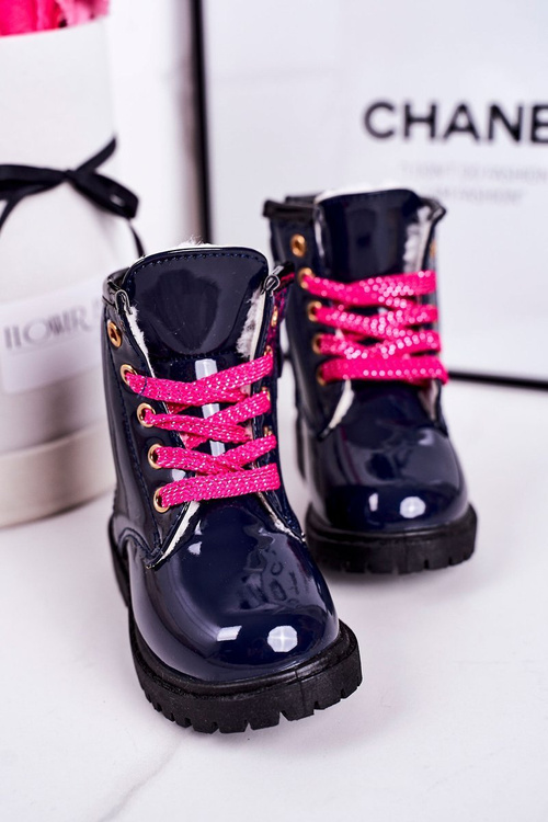 Дитячі чоботи утеплені хутром блискучі темно-сині Pinkie