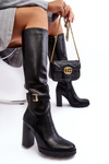 Жіночі шкіряні чоботи на каблуці з пряжкою чорного кольору Bordda