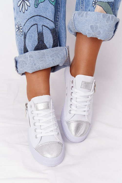 Жіночі кросівки на блискавці біло-сріблясті фестивальні