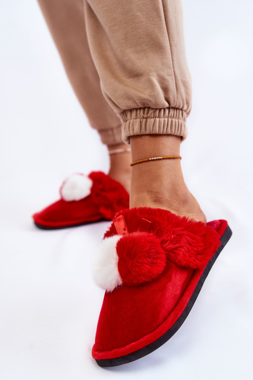 Жіночі тапочки з помпонами і хутром Red Sahira