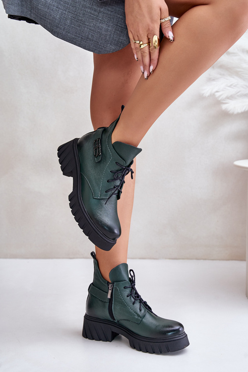 Zazoo 60483 Жіночі шкіряні ботильйони з низькою халявою утеплені темно-зелені