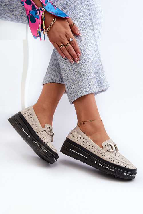 Жіночі шкіряні мокасини на платформі з декором S.Barski LR750 Бежеві