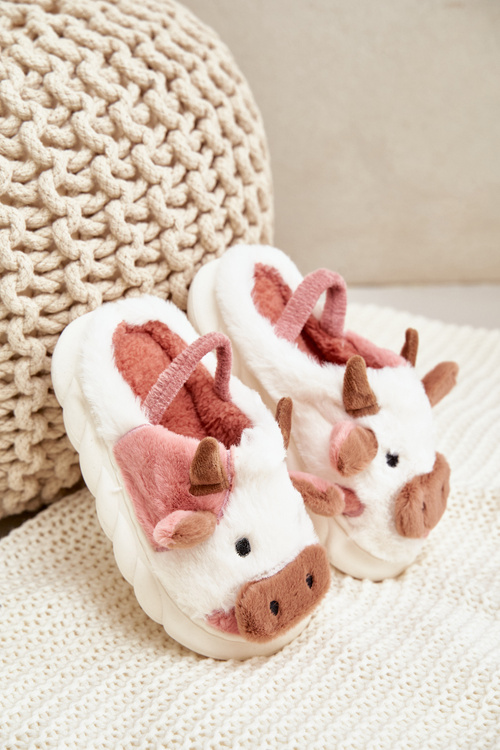 Дитячі пухнасті тапочки з мотивом корови, рожевий таморрін