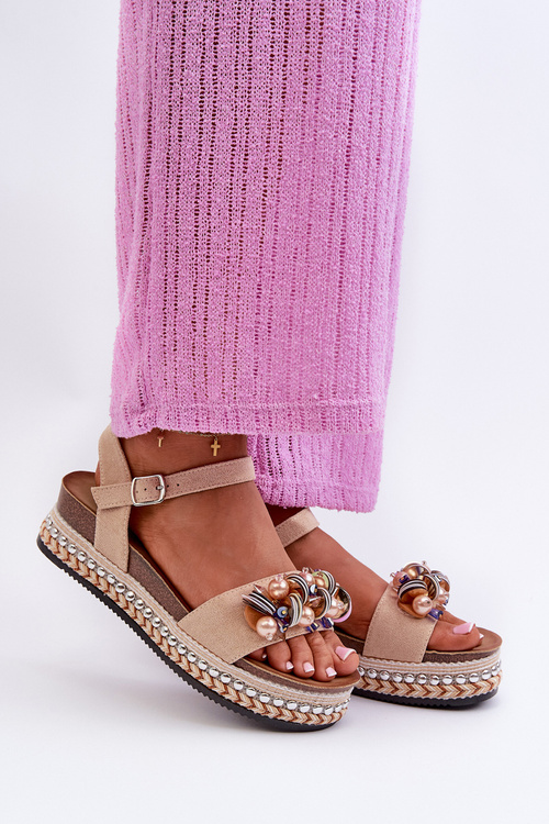 Жіночі босоніжки на танкетці та платформі з декором S.Barski HY056 Бежеві