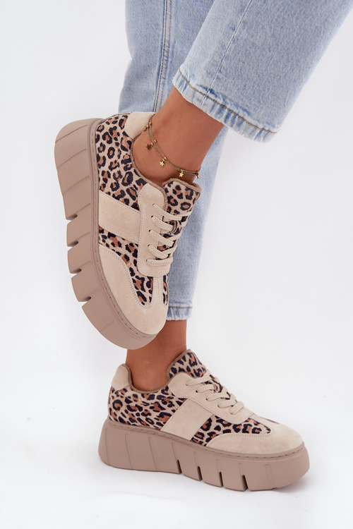 Замшеві утеплені жіночі кросівки на масивній платформі Vinceza 66841 Леопардовий бежевий