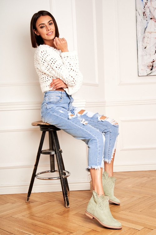 Жіночі чоботи на плоскій підошві Замшеві ажурні зелені рафи