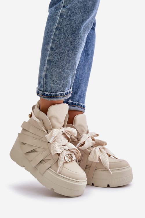 Шкіряні жіночі кросівки на масивній платформі бежеві CheBello 4561