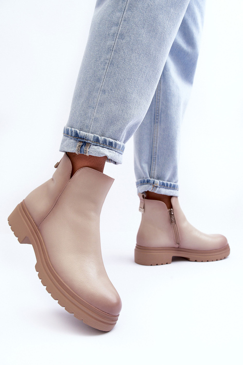 Шкіряні чоботи на низькому ходу бежеві Foteini