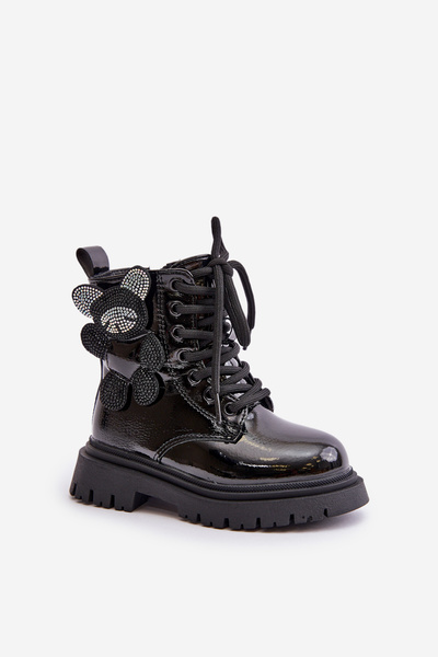 Утеплені чоботи для дівчинки з ведмедиком на блискавці, чорні лаковані Relobia